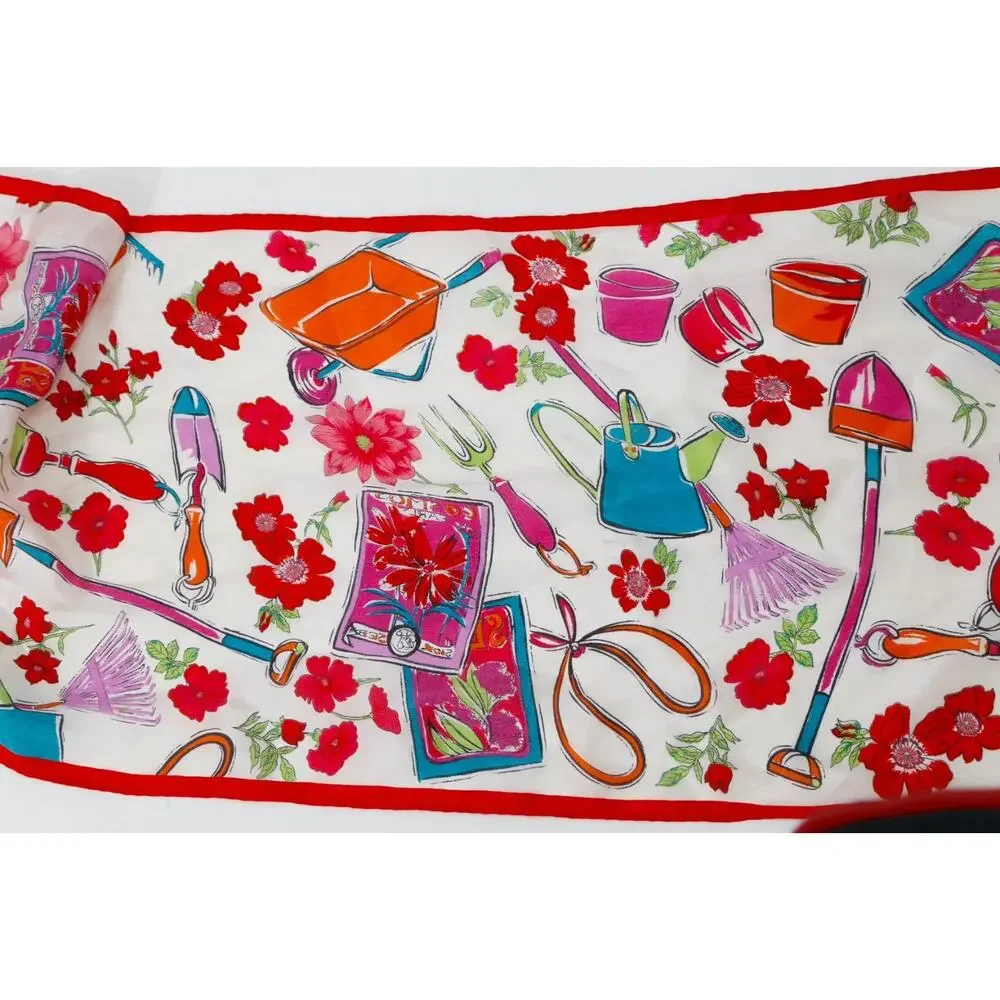 Vintage Oscar De La Renta Garden Tool Floral Silk Scarf Red White Long 51x10